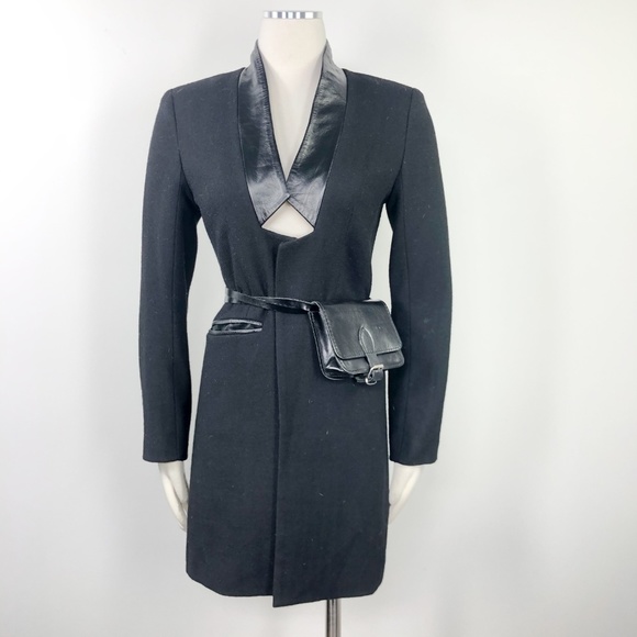 Ju's Black Wool Leather Fitted Mid Length Blazer L - Picture 1 of 7